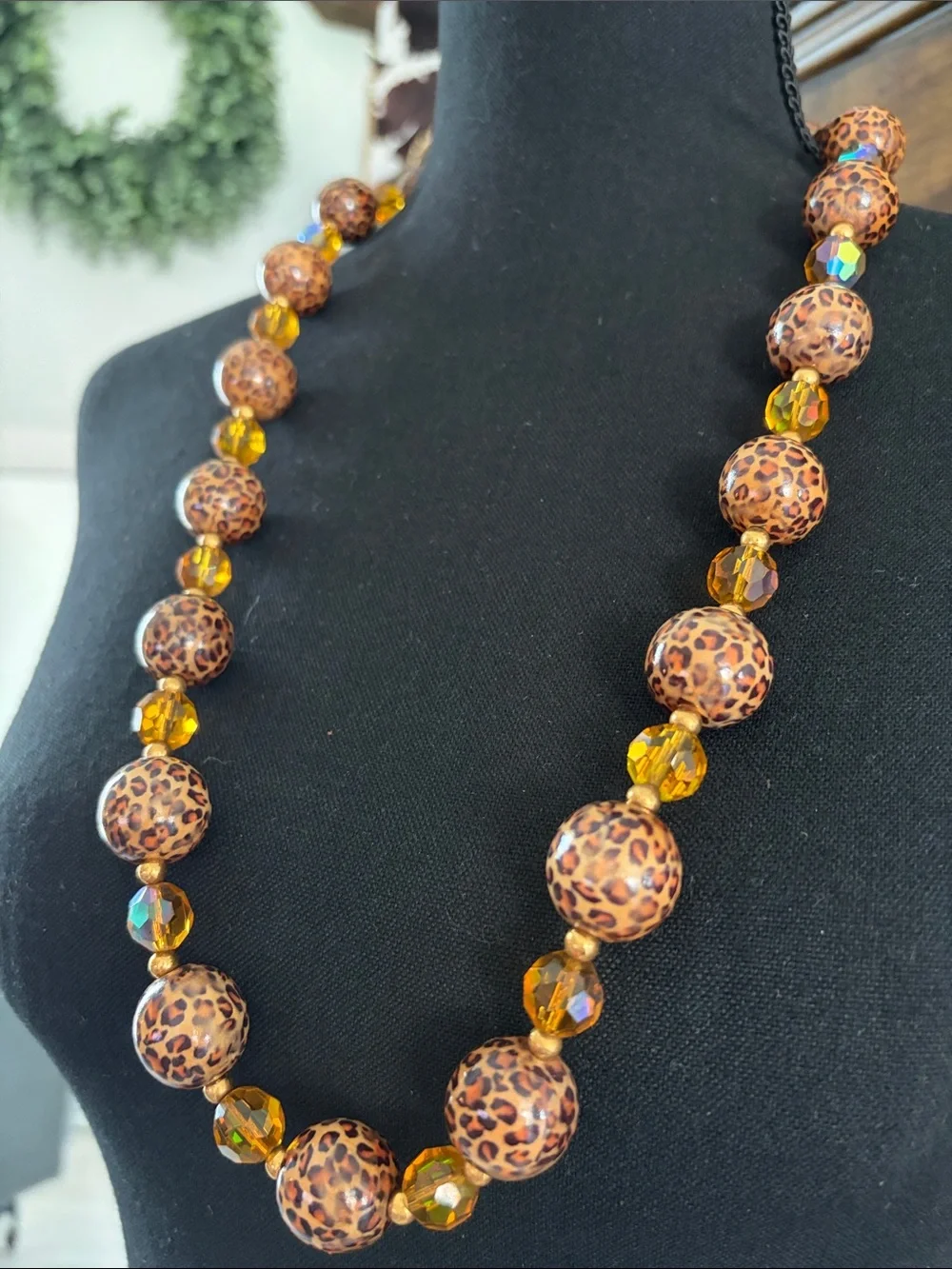 Joan Rivers Leopard Print Bead Necklace in Amber and Iridescent